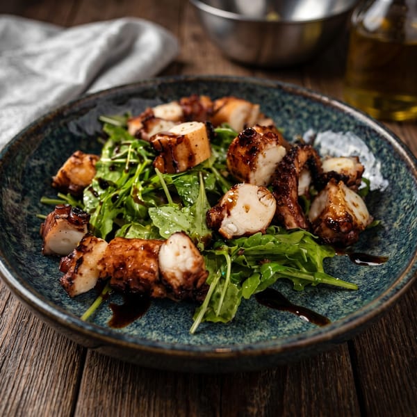 Grilled octopus pieces with balsamic glaze on a bed of fresh arugula in a blue bowl.