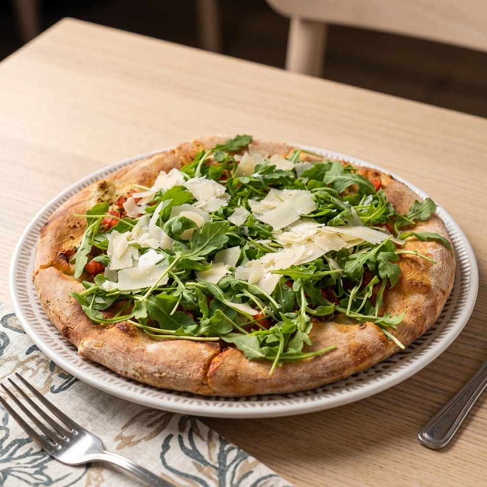 A freshly baked pizza topped with arugula and shaved parmesan cheese on a white plate.
